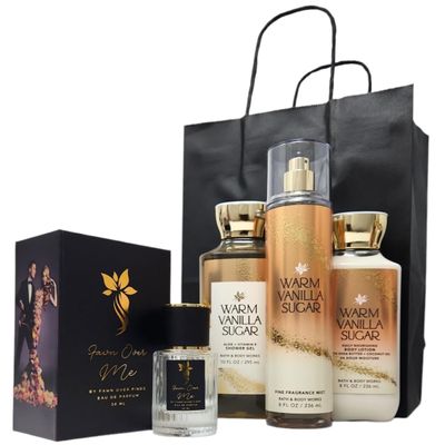 Bath and Body Warm Vanilla Sugar Trio Gift Set with Fawn Over Me Perfume and Gift Bag