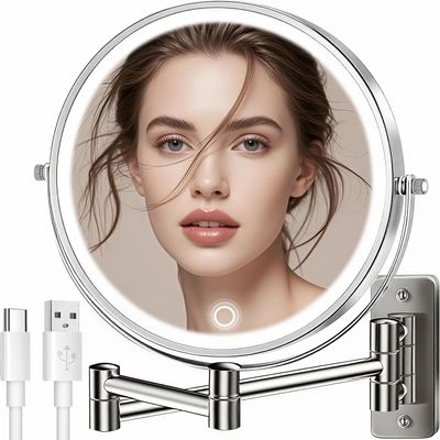 9" Large 15X Rechargeable Wall Mounted Lighted Makeup Mirror Nickel, 5000mAh HD Magnifying Mirror with 3 Color Bright Lights Touch Screen Dimmable, 17" Extendable 360 Swivel Bathroom Vanity Mirror