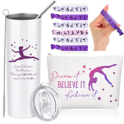 Junkin 3 Pcs Gymnastics Gifts for Women Include Stainless Steel Tumbler with Straw Makeup Bag Elastics Hair Ties for Gymnastics Lover(Purple)
