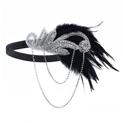 1920s Flapper Gatsby Headband Roaring 20s Party Headpieces for Women Feather Hair Harlem Nights Accessories Silver