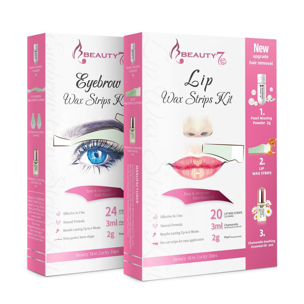 Beauty7 Wax Strips Kit, 2 SETS IN ONE PACKAGE. Eyebrow & Lip Facial Hair Removal with Pearl Powder Essential Oil for All Skin Types Women
