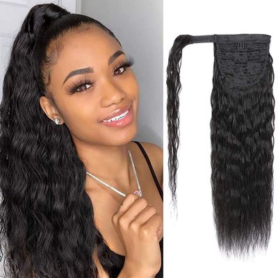 100% Real Human Hair Ponytail Wrap Around Hair Extensions Water Wave, Magic Paste Natural Wavy Deep Curly Ponytail for Black Women (24 Inch)