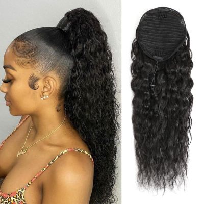 100% Human Hair Drawstring Ponytail Extension Water Wave in Natural Color 1B Corn Wave Ponytail Clip in Extensions for Black Women (14 Inch)