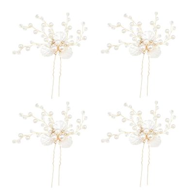 4pcs White Pearl Zircon Flower Hair Comb Hairpin Elegant Bride Bridesmaid Headwear Vintage Hair Pins Hair Sticks Hanfu Handmade Crafts