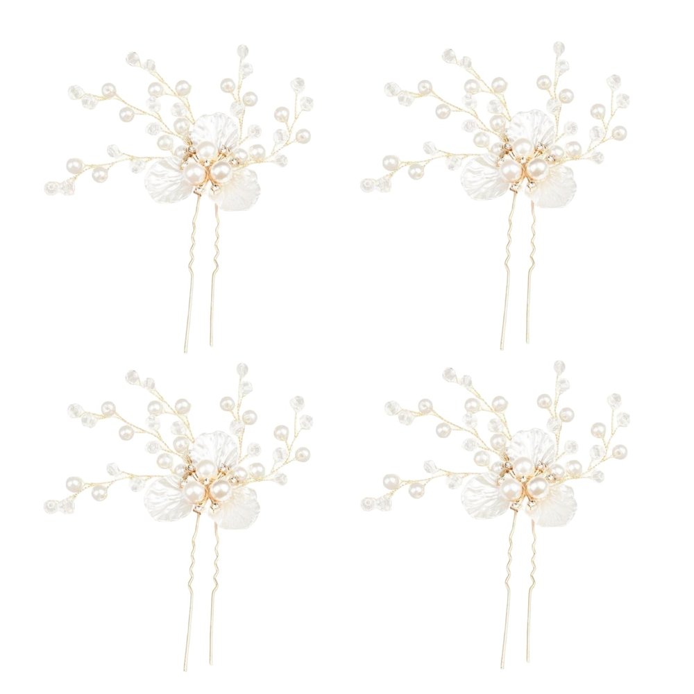 4pcs White Pearl Zircon Flower Hair Comb Hairpin Elegant Bride Bridesmaid Headwear Vintage Hair Pins Hair Sticks Hanfu Handmade Crafts