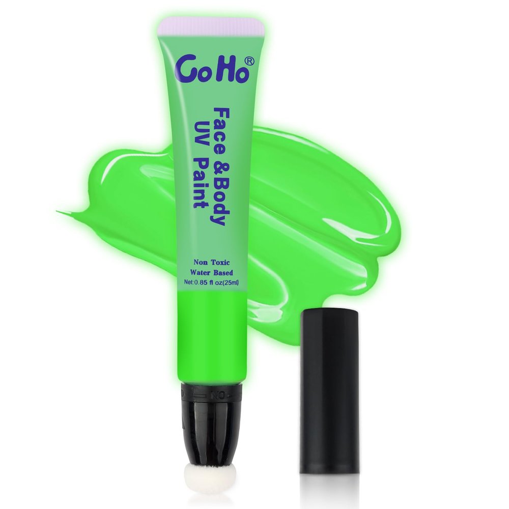 Go Ho UV Blacklight Neon Green Face Body Paint,Water Based Bright Color Neon Fluorescent Body Paint with Cushion Applicator,Glow In The Dark Under UV Lighting Party Neon Green Makeup Washable