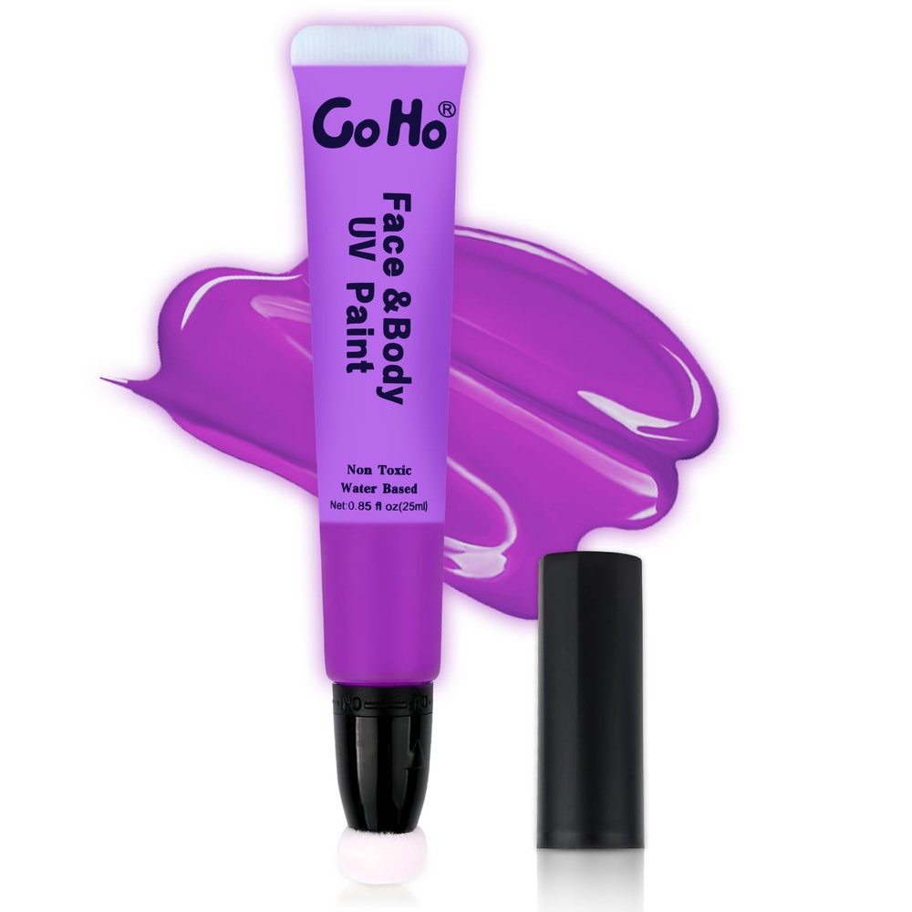 Go Ho UV Blacklight Neon Purple Face Body Paint,Water Based Bright Color Neon Fluorescent Body Paint with Cushion Applicator,Glow In The Dark Under UV Lighting Party Halloween Makeup Washable