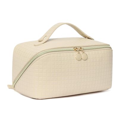 Telena Leather Make Up Bag Portable Travel Makeup Bag Waterproof Cosmetic Bags for Women Large Capacity With Handle and Divider Open Flat