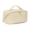 Telena Leather Make Up Bag Portable Travel Makeup Bag Waterproof Cosmetic Bags for Women Large Capacity With Handle and Divider Open Flat view 1