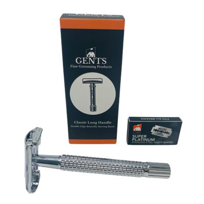 GENTS Long Handle Classic Double Edge Safety Razor - Butterfly Open Razor 10 Stainless Steel Double Edge Blade Refills - Close, Clean Shaving Razor for Men