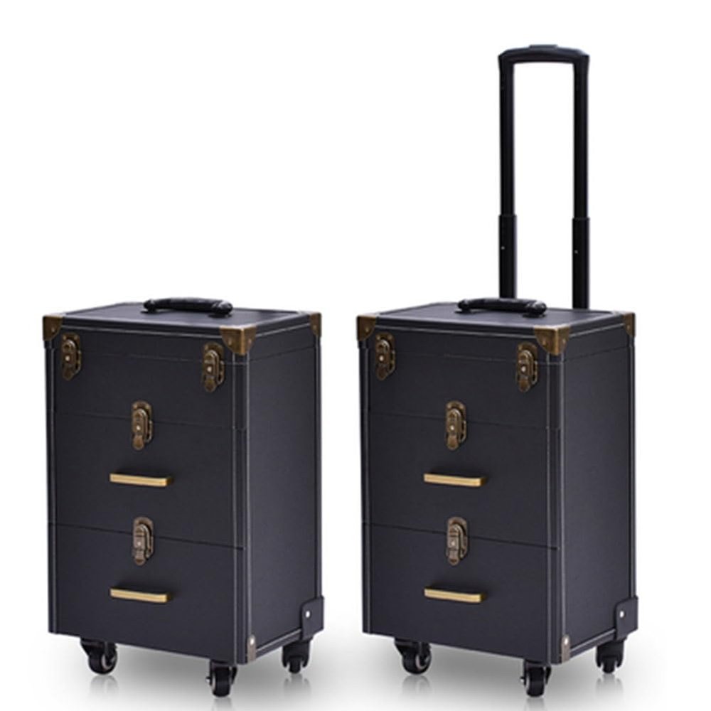 GRRICEPL Travel Makeup Trolley, Beauty Manicurist Trolley Cosmetic Case, Nail Art Embroidery Trolley Box, Aluminum Roller Barber Toolbox (Color : Black-A, Size : 36x23x57cm)