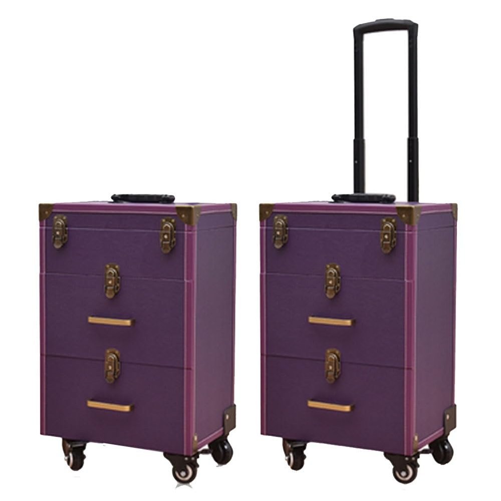 GRRICEPL Travel Makeup Trolley, Beauty Manicurist Trolley Cosmetic Case, Nail Art Embroidery Trolley Box, Aluminum Roller Barber Toolbox (Color : Purple-A, Size : 36x23x57cm)