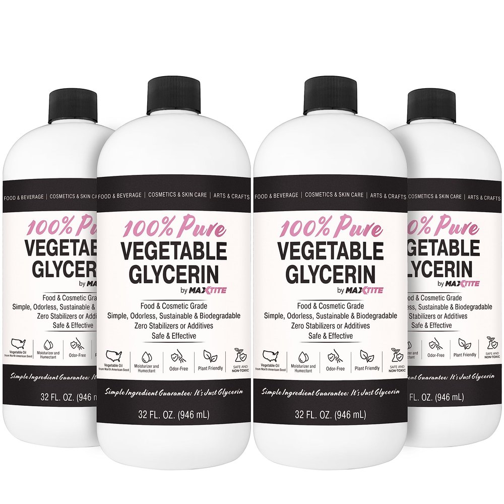 MAXTITE Pure Vegetable Glycerin - 1 Gallon (4 Pack, 32 fl oz) - Natural Food Grade for Cosmetics, Skin, Hair, Crafts, Cooking and More - from USA Seed Oils