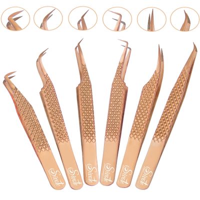 SIVOTE Eyelash Extension Tweezers Fiber Tips, Set of 6, Curved, Dolphin, 90 Degree 45 Degree, Volume Boot & Slight Curved Tweezer, Rose Gold
