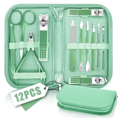 Manicure Pedicure Set, Nail Clipper Set for Men Women, Professional Manicure Kit Pedicure Kit, Nail Care Kit with Green Travel Leather Bag, Set 12 in 1