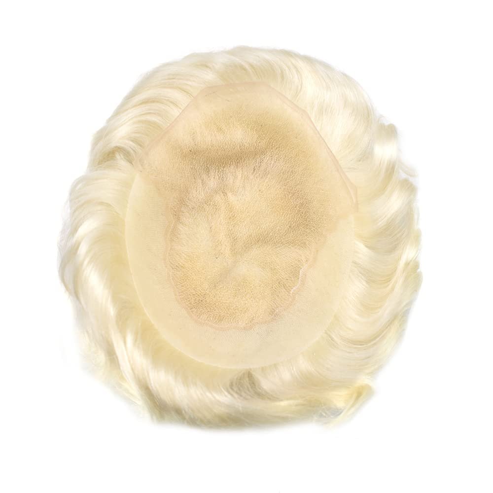 Curve Hair Toupee for Men Human Hair Replacement System Transparent Lace Mens Toupee Natural Front Hair Piece Unit for Men (7''X9'', #60RY All White Gray Hair Toupee)