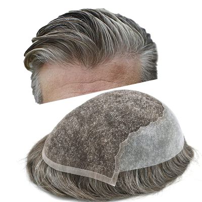 Curve Hair Toupee for Men Human Hair Replacement System Transparent Lace Mens Toupee Hair Piece Unit PU Skin Natural Wigs For Men (7''X9'', #460 Medium Brown+60% Gray)