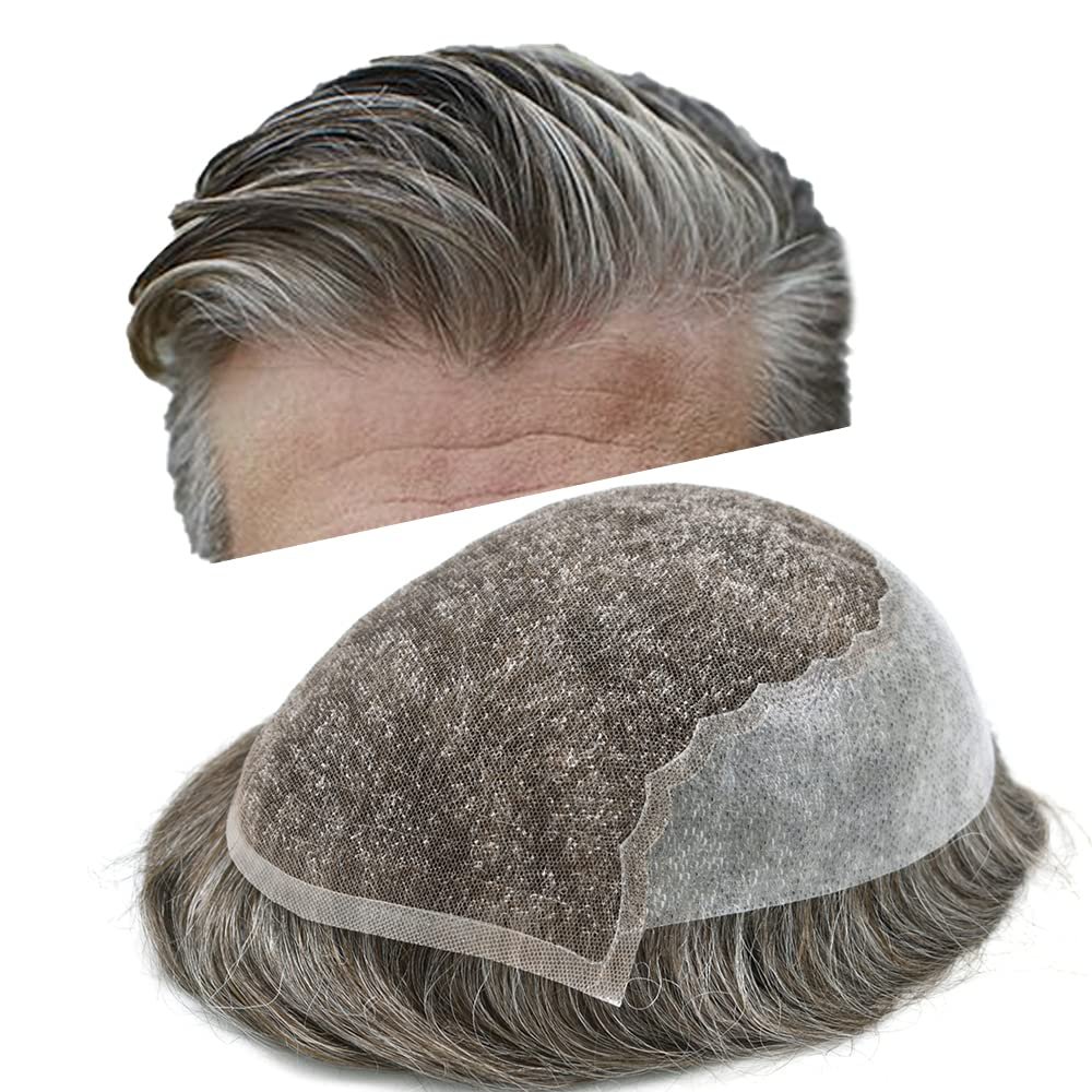 Curve Hair Toupee for Men Human Hair Replacement System Transparent Lace Mens Toupee Hair Piece Unit PU Skin Natural Wigs For Men (7''X9'', #460 Medium Brown+60% Gray)