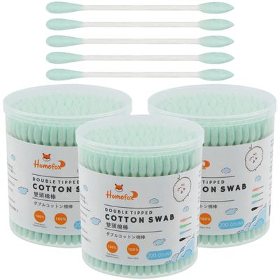 HOMEFOX Green Cotton Swabs Precision Pointed - 600 Count Pointy Organic Cotton Buds Double Side Tightly Wrapped Cotton Tips Paper Stick Soft Gentle Lint-Free Cruelty-Free, Pointy & Round (Green)