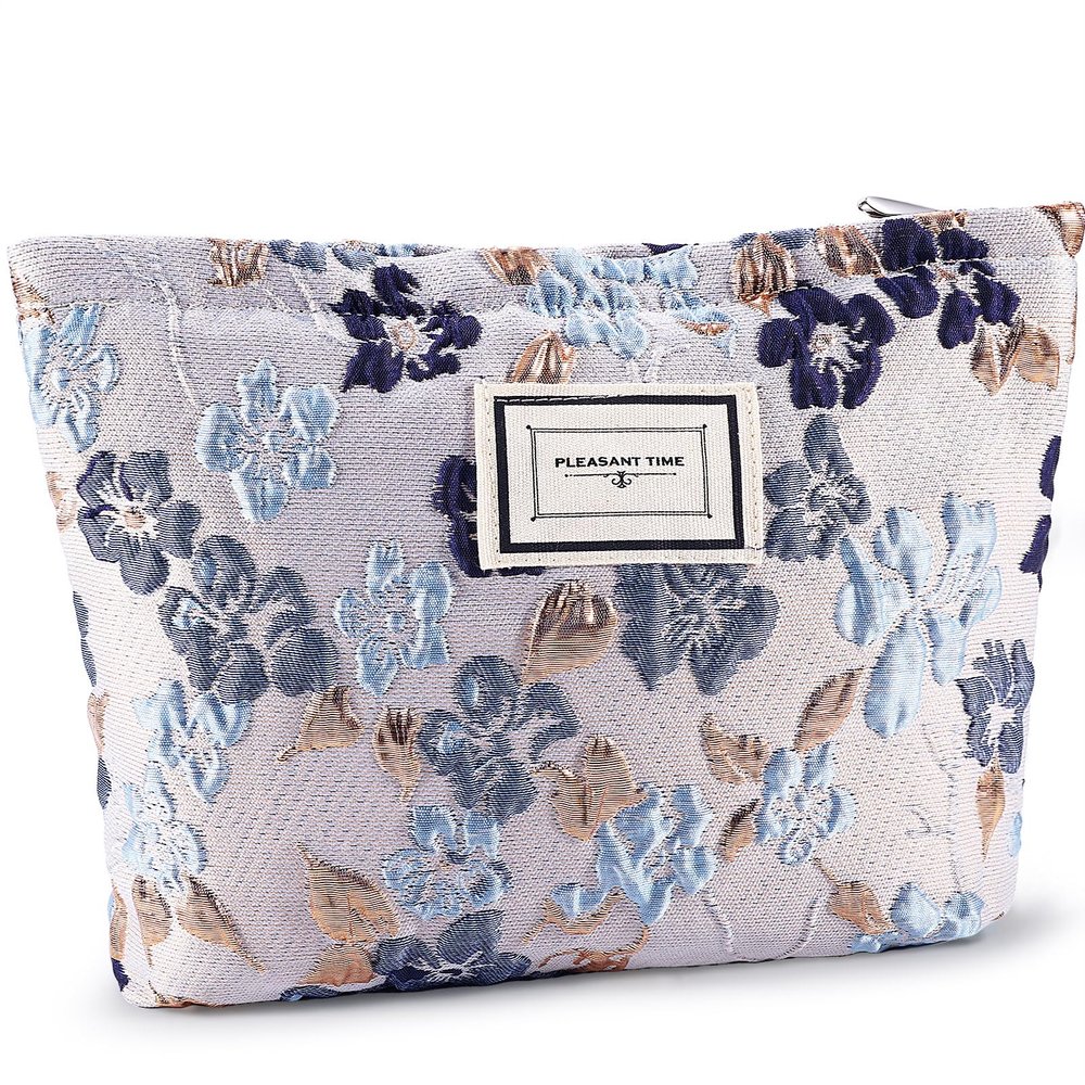 ZLFSRQ Flower Makeup Bag Travel Cute Floral Cosmetic Bags for Women Large Toiletry Pouch Zipper Cosmetic Pouch for Purse Aesthetic Gray Blue Embossed Makeup Organizer Bag Portable Toiletry Bags