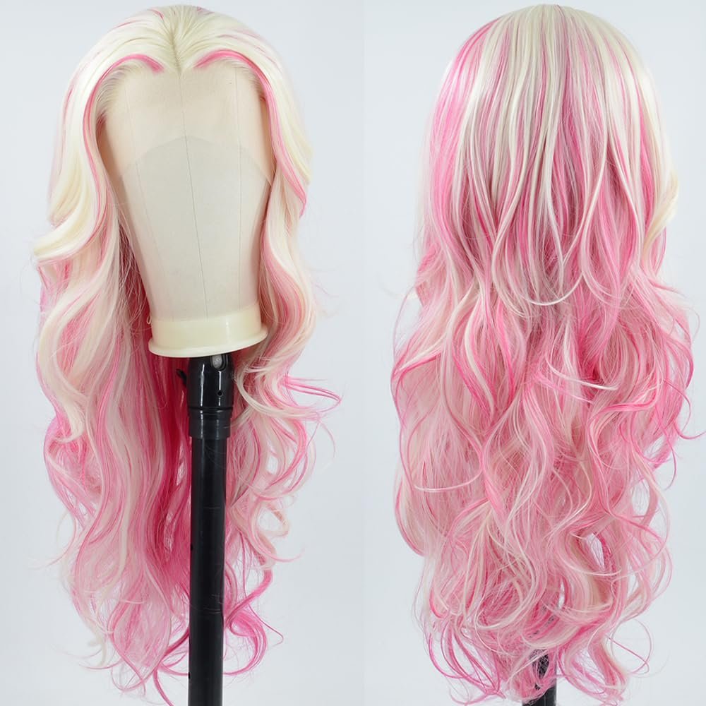 ZHYWIGS Long Wavy Hot Pink White Lace Front Wig Pink Skunk Stripe Platinum Blonde New Synthetic Hair For Women