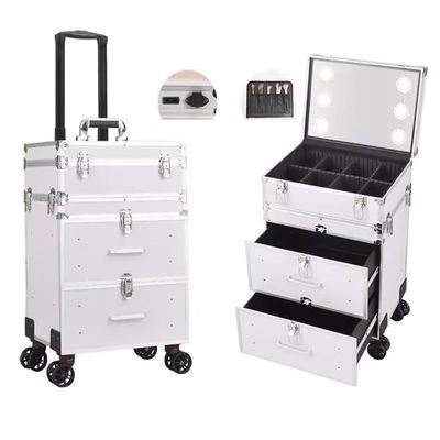 GRRICEPL Travelling Trolley Box with LED Light, Rolling Makeup Train Case, Beauty Storage Case, with Drawers Retractable Handle 360Universal Wheels (Color : Silver-A, Size : 37x27x67cm)
