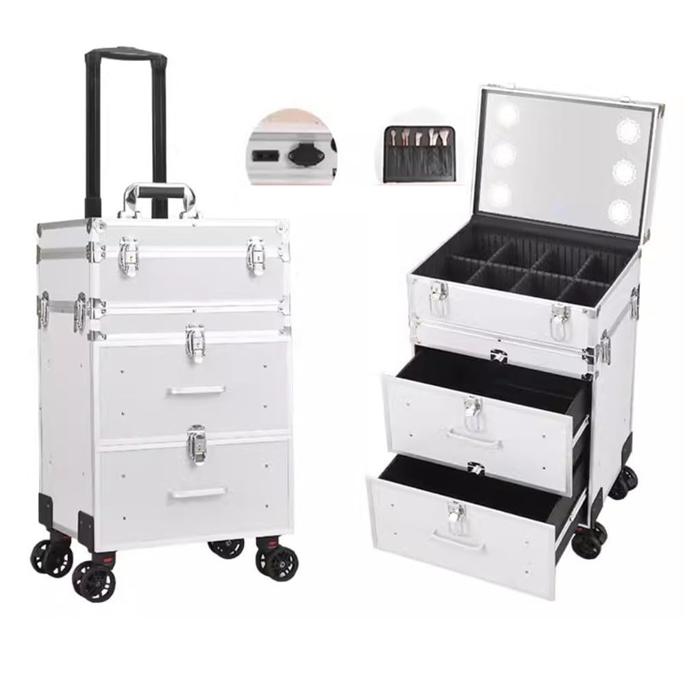 GRRICEPL Travelling Trolley Box with LED Light, Rolling Makeup Train Case, Beauty Storage Case, with Drawers Retractable Handle 360Universal Wheels (Color : Silver-A, Size : 37x27x67cm)