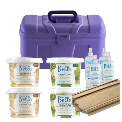 Depil Bella Hair Removal Bundle - 2 White Chocolate & 2 Green Microwave Hard Wax | 100 Wooden Sticks | 2 Pre-Waxing Astringent 60 ml | 2 Wax-Off Oil 60 ml | Convenient Storage Case
