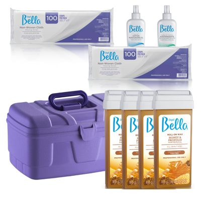 Depil Bella Roll On Wax Kit for Hair Removal | Soft Wax Roller | Honey Soft Wax | Waxing Roller Kit | 4 Roll On Honey, Pre-Wax 60 ml, Wax-Off Oil, Warmer, 200 Non-Woven Cloths & Case.