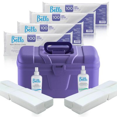 Depil Bella Bundle - 400 Non-Woven Cloths, 400 Eyebrow Wax Strips, Pre-Wax Astringent, Wax-Off Moisturizing Oil, and Purple Plastic Case | Complete Hair Removal Kit