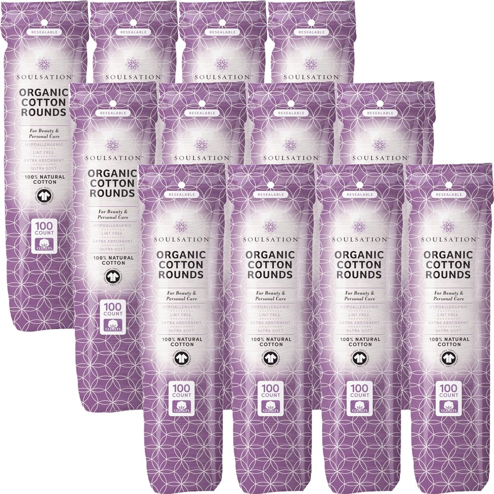 SoulSation Organic Cotton Rounds, Bulk 1200 Count - Makeup Remover Pads for Face, Lint-Free