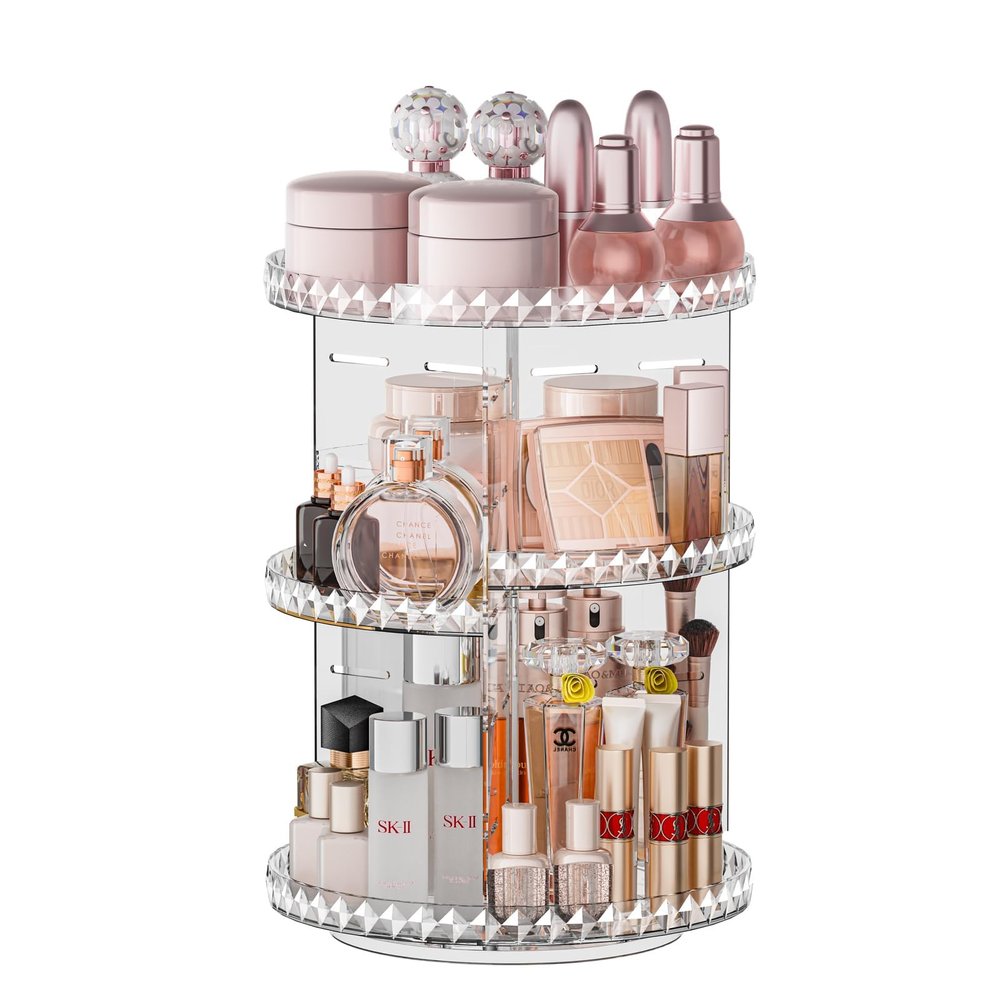 360 Rotating Makeup Organizer, Diamond Pattern DIY 5 Adjustable Layers Skincare Clear Cosmetics Organizer for Vanity Countertop with Perfume Tray