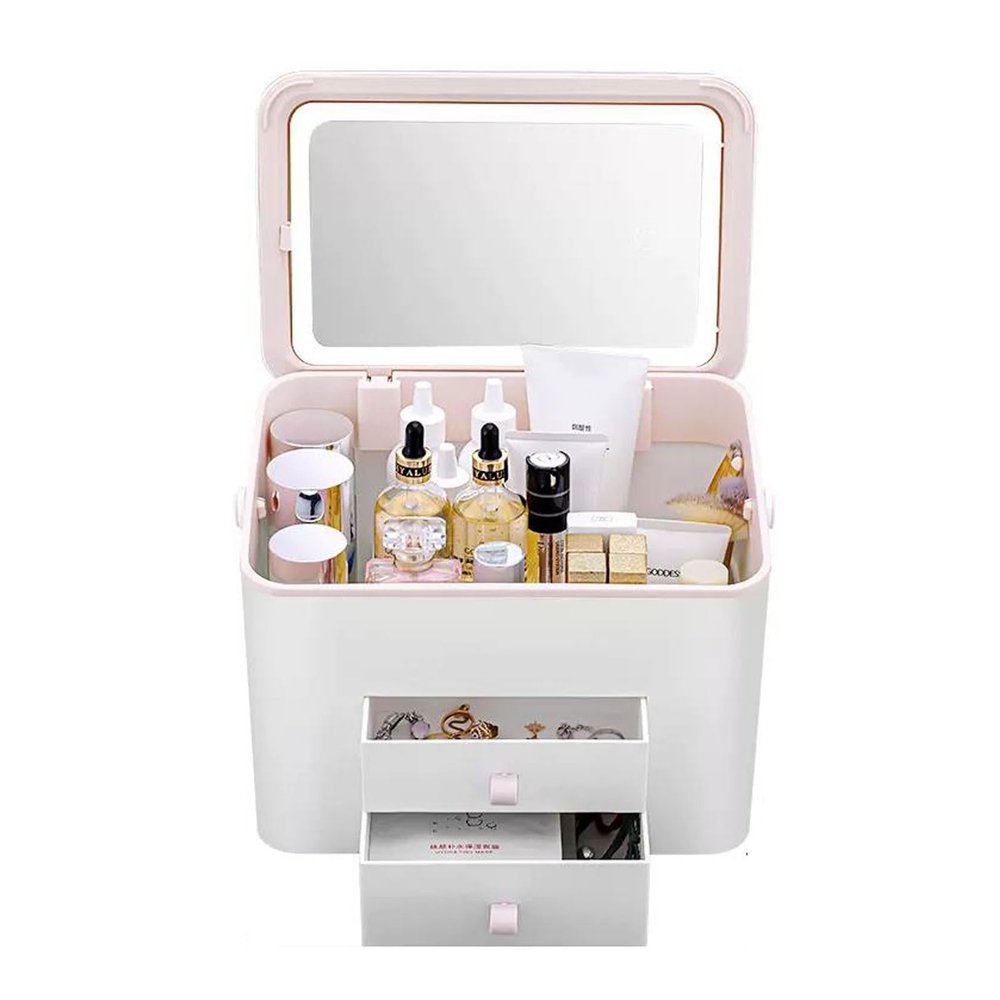 Makeup Organizer Portable Makeup Storage Organizer Box with Detachable LED Makeup MirrorCosmetics Storage Case with 2 Storage Drawers and Cover, for Bedroom Vanity Desk Dresser Cosmetic Display Cases