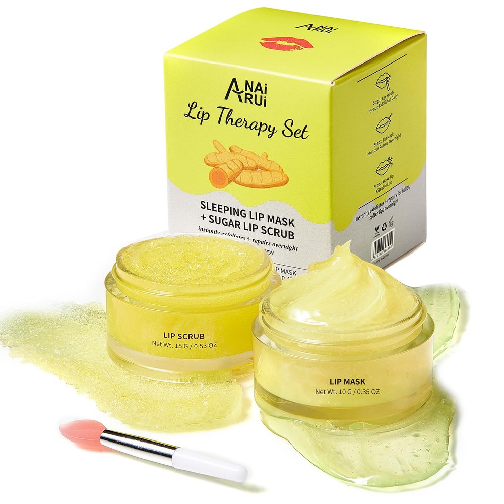 ANAI RUI Lip Care Kit, Lip Sugar Scrub Set, Lip Sleeping Mask & Lip Exfoliator Scrub, Overnight Lip Treatment, Lip Scrub For Dark Lips & Moisturizer for Dry, Chapped, Cracked, Lips, Turmeric