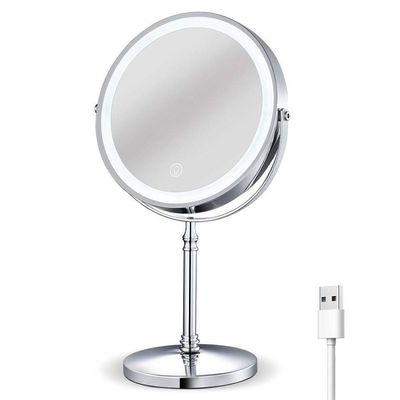 AMHIL Rechargeable Lighted Makeup Mirror 8 Inch Double Sided 1x/ Magnifying Tabletop Vanity Mirror Touch Sensor Dimming 360 Degree Swivel Cosmetic Mirror Cord/Cordless Chrome