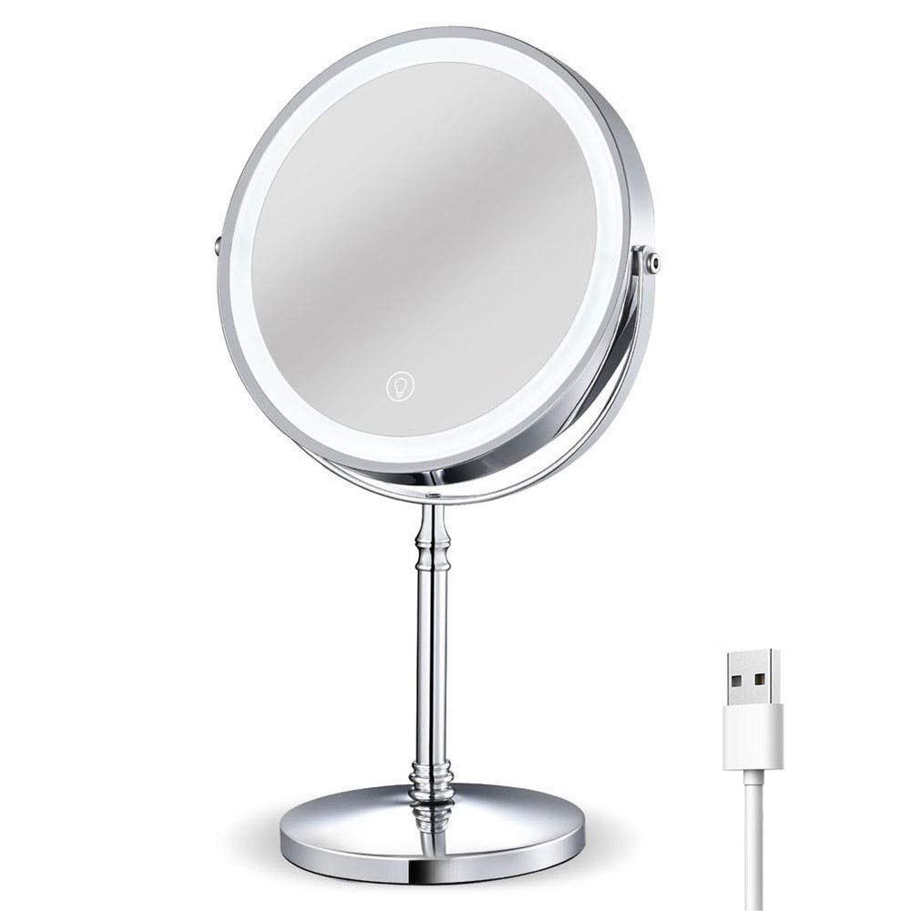 AMHIL Rechargeable Lighted Makeup Mirror 8 Inch Double Sided 1x/ Magnifying Tabletop Vanity Mirror Touch Sensor Dimming 360 Degree Swivel Cosmetic Mirror Cord/Cordless Chrome