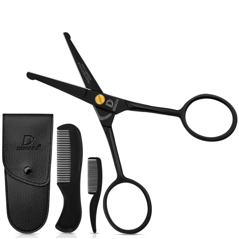 DEMAXA 4.5" Round Tip Safety Mustache Scissors Beard Scissors with 1 Mustache Comb, 1 Beard Comb & Soft Pouch  Best Facial Hair Shears for Beard Mustache Trimming Nose & Ear Hair
