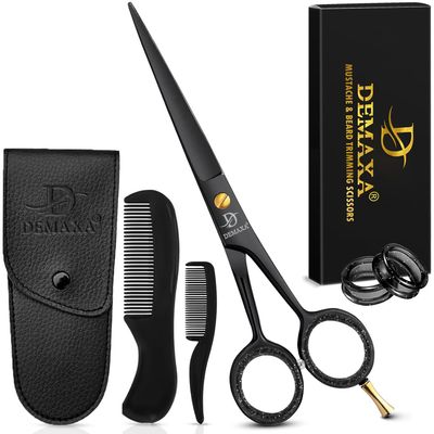 DEMAXA 5" Professional Beard Scissors for men Mustache Scissors with 1 Mustache Comb, 1 Beard Comb & Soft Pouch Prefect Beard shears mustache kit for All Facial Hair moustache Grooming kit for Men