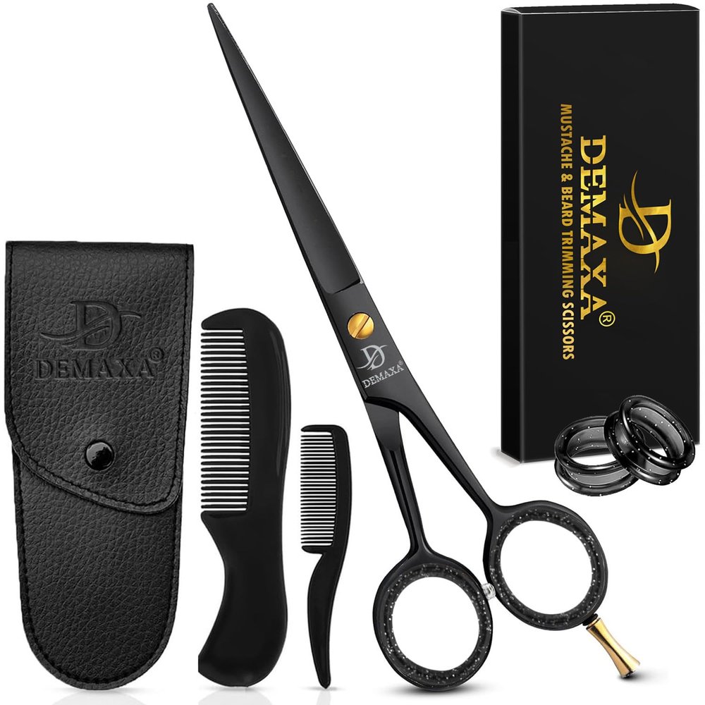 DEMAXA 5" Professional Beard Scissors for men Mustache Scissors with 1 Mustache Comb, 1 Beard Comb & Soft Pouch  Prefect Beard shears mustache kit for All Facial Hair  moustache Grooming kit for Men