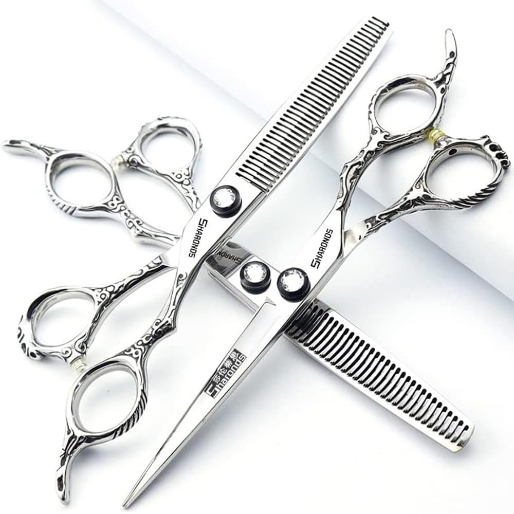 6/6.5/7 Inch Hairdressing Scissors 440c High Hardness Fine Pattern Professional Salon Hairdresser Hair Cutting and Thinning Hairstyle Pruning Tool (6 Inch 3-Piece Set)