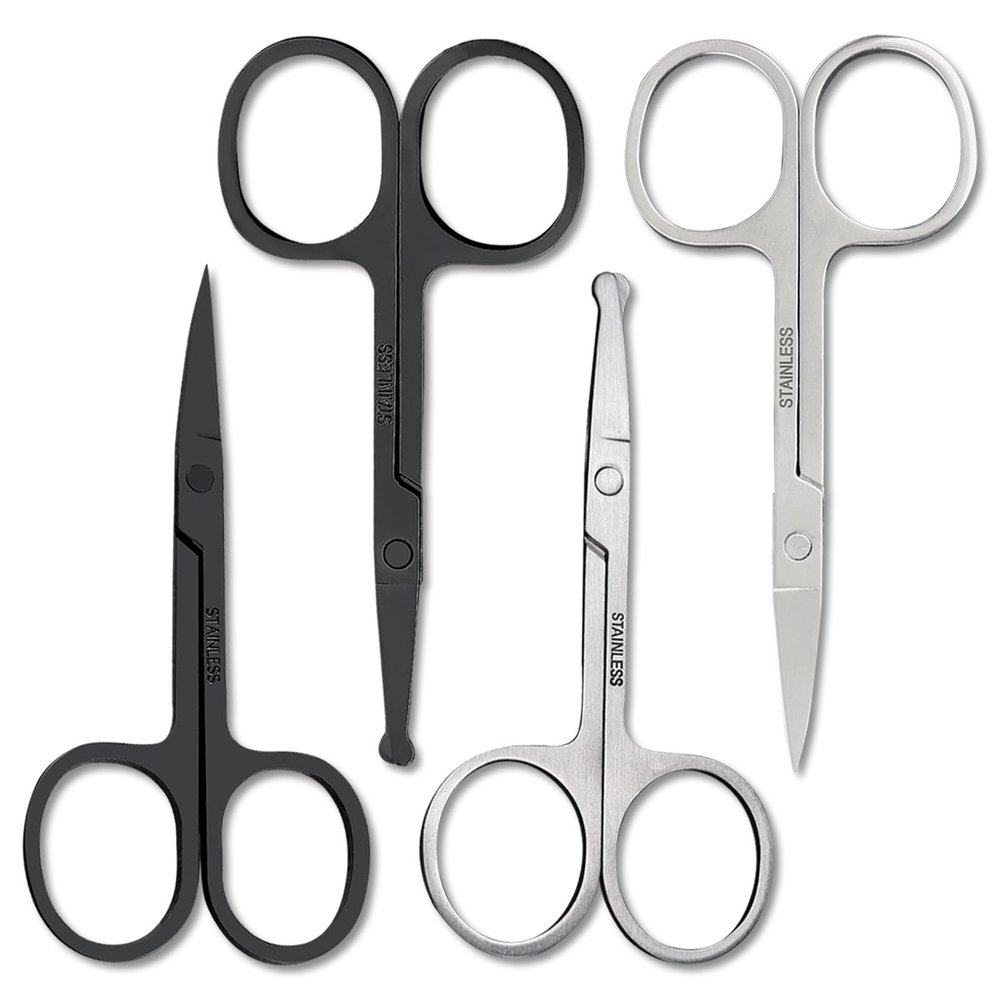 4 Pack Curved and Rounded Facial Hair Scissors Set Black and Sliver for Men Women - Mustache, Nose, Beard, Eyebrows, Eyelashes and Ear Hair Cutting Scissors - Stainless Steel Trimming Scissors