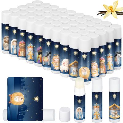 50 Pcs Christmas Nativity Lip Balm Gifts Bulk Christmas Beauty Stocking Stuffers Gift Basket Stuffers Christian Religious Holiday Party Mini Gifts for Clients Salon Xmas Treat Goodie for Women Men