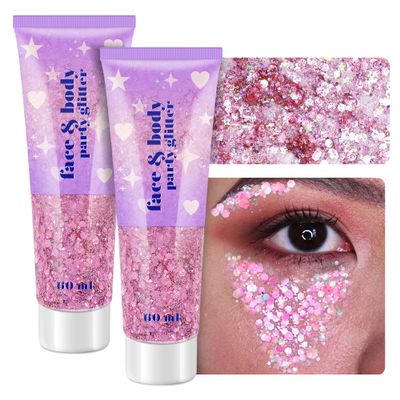 Body Glitter Gel, 2 Jars Face Glitter Gel Sequins Shimmer for Hair, Lip, Eyeshadow, Nails, Chunky and Powder Mixed Glitter Gel, Holographic Cosmetic Flakes for Festival, Glitter Makeup 120ml (Pink)