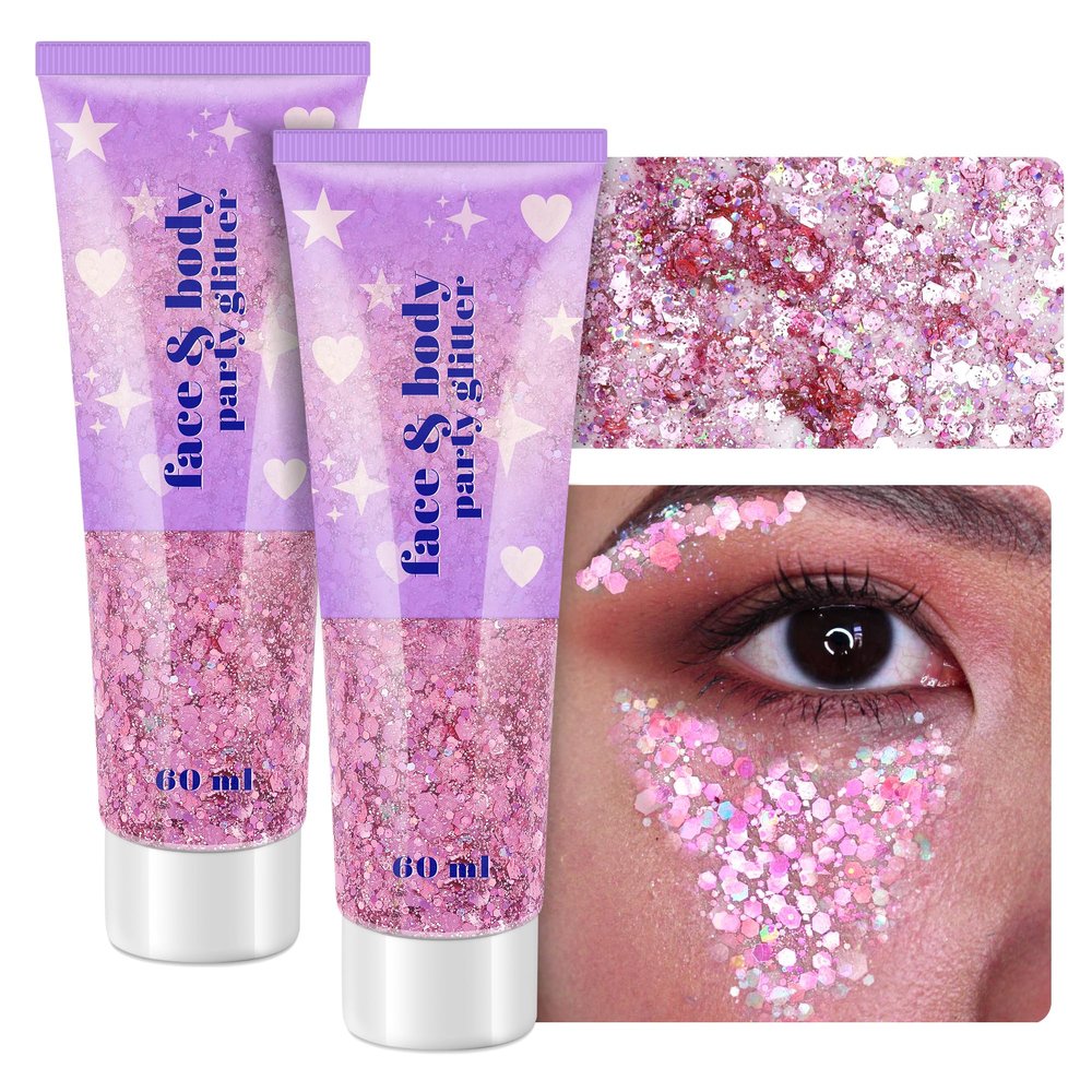 Body Glitter Gel, 2 Jars Face Glitter Gel Sequins Shimmer for Hair, Lip, Eyeshadow, Nails, Chunky and Powder Mixed Glitter Gel, Holographic Cosmetic Flakes for Festival, Glitter Makeup 120ml (Pink)