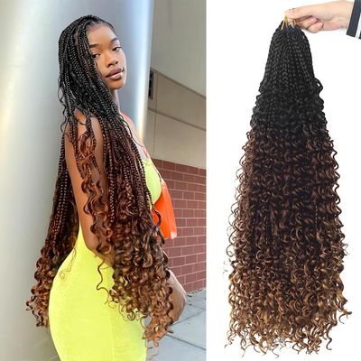 Goddess Box Braids Crochet Hair With Curly Ends 24 Inch Bohomian Box Braids Crochet Braids 8 Packs 3X Crochet Braids for Black Women (24 Inch (Pack of 8), T1B-33-30)