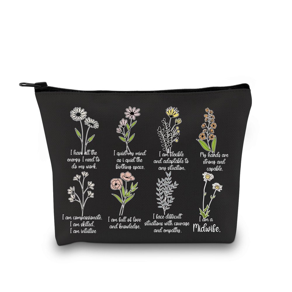 GJTIM Midwife Gift Certified Midwife Thank You Gift Doula Gift I Am A Midwife Floral Midwife Zipper Pouch Labor and Delivery Nurse Makeup Bag (I Am A Midwife Black)
