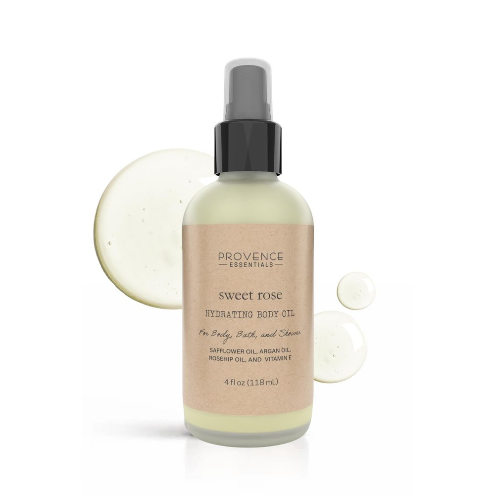 PROVENCE ESSENTIALS Sweet Rose Body and Bath Oil: Botanical Elegance, Crafted with Safflower, Argan, Rosehip, and Vitamin E - Luxurious Body Oil Moisturizer and Perfume (Sweet Rose)