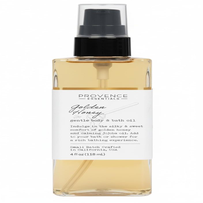 PROVENCE ESSENTIALS Golden Honey Body and Bath Oil, 4 fl oz  Moisturizing Body Oil with Jojoba and Honey, Natural Skin Hydration