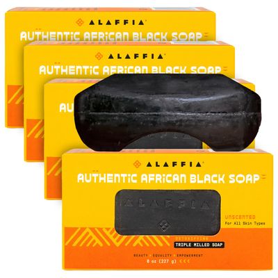 Alaffia Authentic African Black Soap, Unscented, 4-Pack Detoxifying, Multi-Purpose Triple-Milled Body Soap with Shea Butter for Soft, Hydrated Skin, 8 Oz Ea