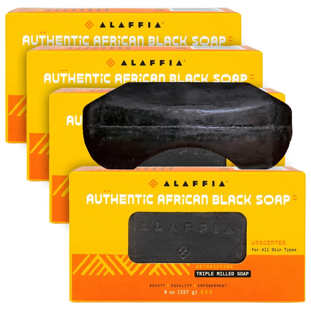 Alaffia Authentic African Black Soap, Unscented, 4-Pack  Detoxifying, Multi-Purpose Triple-Milled Body Soap with Shea Butter for Soft, Hydrated Skin, 8 Oz Ea